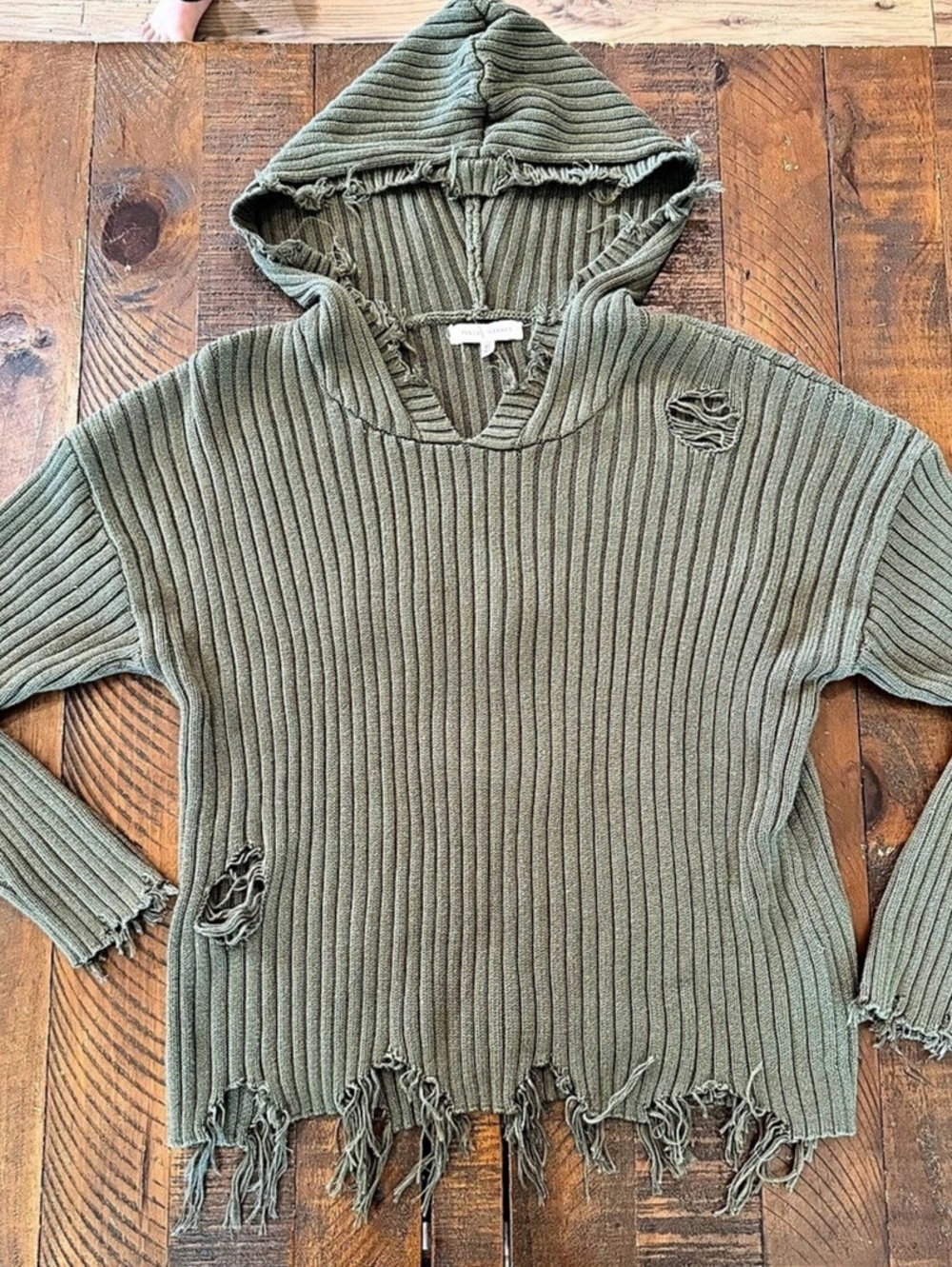 Gilded Intent Olive Distressed Hooded Sweater Size Medium